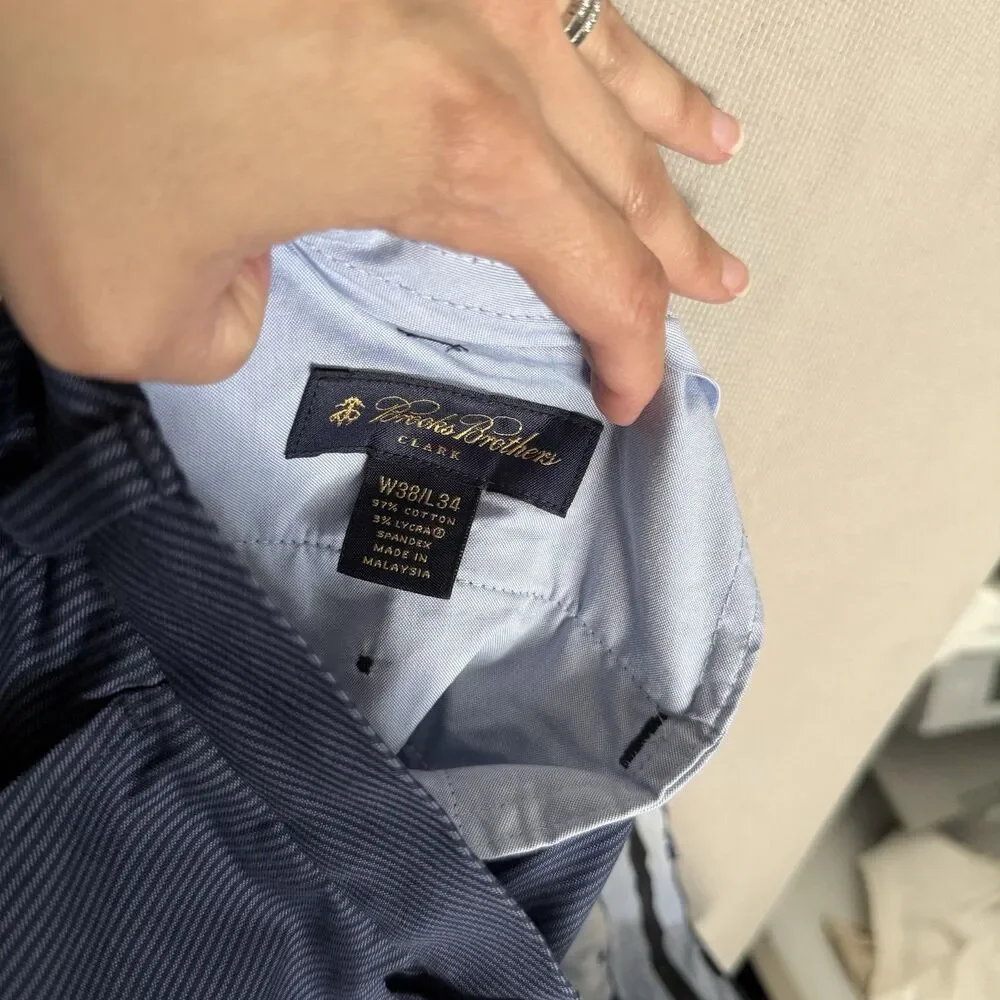 Brooks Brothers Clark Pants 38x34 Blue Striped Men’s Flat Front Dress Trousers